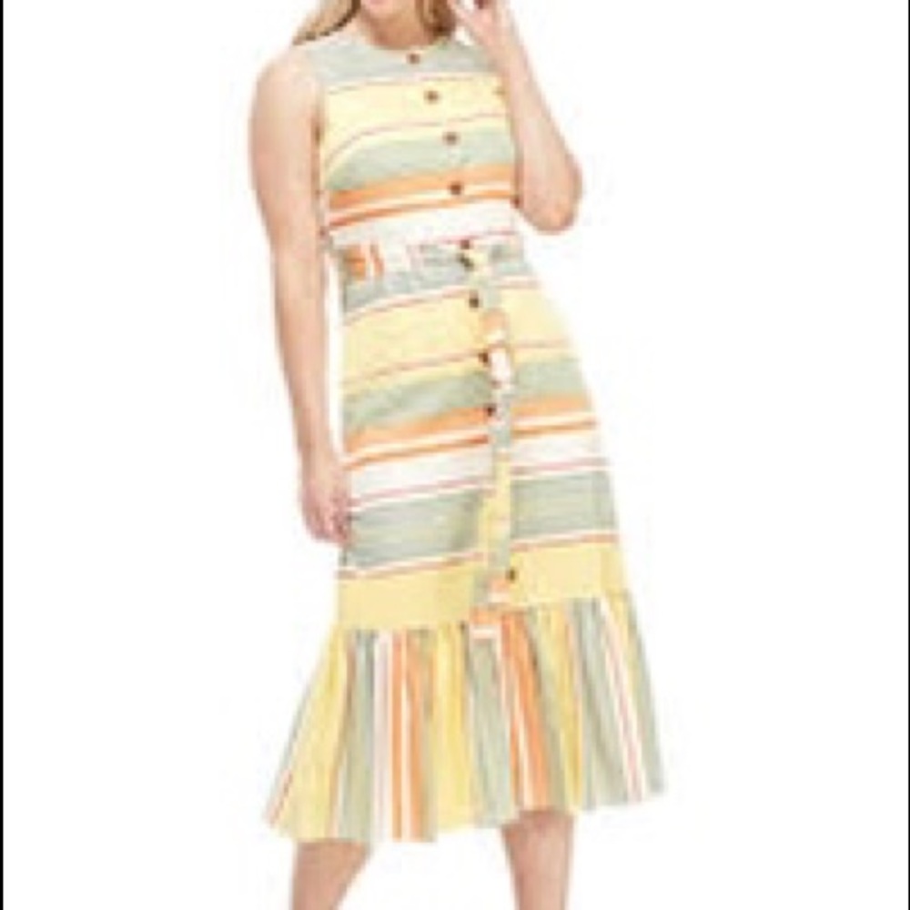 Maggy London New women
sleeveless striped button flounce midi dress tie‎ waist